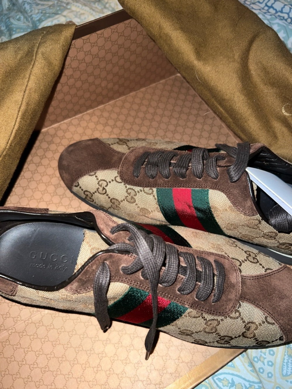 Gucci Brown GG Canvas Sneakers with Green and Red Web Stripe - Picture 3 of 6